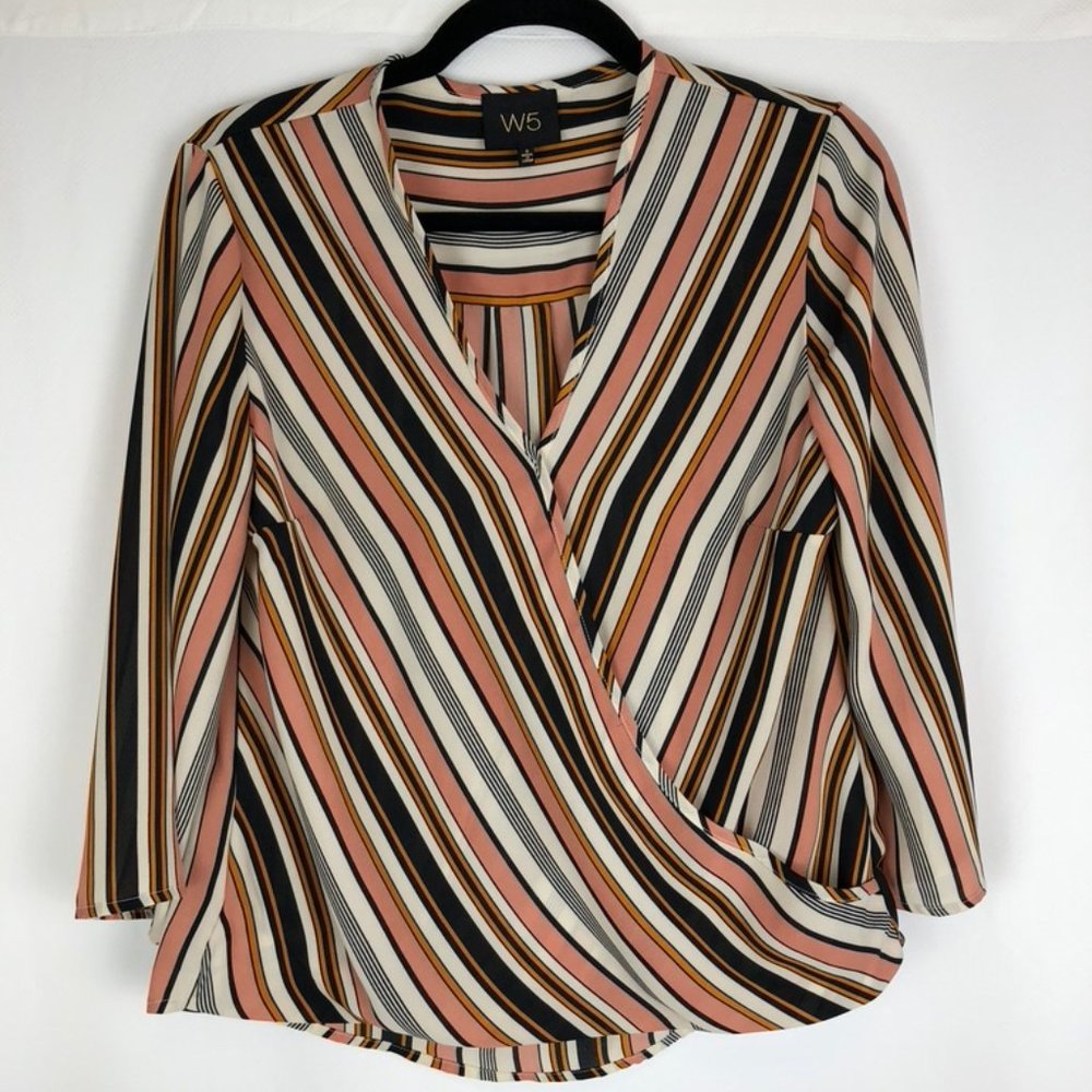 W5 Faux Wrap Stripe 3/4 Sleeve Blouse